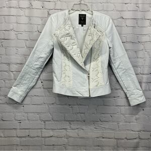 Guess Moto Jacket Women's Size M White Vegan Leather Lace Inserts Asymmetrical
